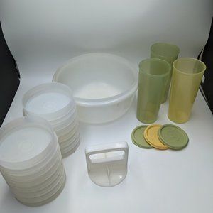 Vintage Tupperware Tumbler Glasses lids Hamburger Press Keepers Mixing Bowl